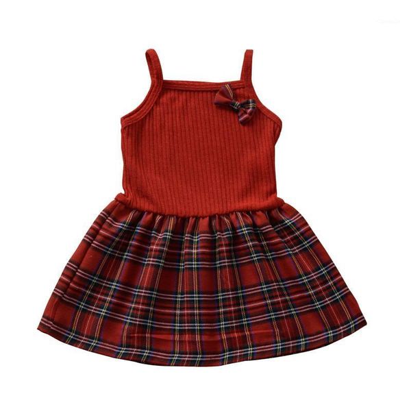 

spring summer girls sleeveless solid colour + plaid stitching bow dress for 2-6 years, Red;yellow