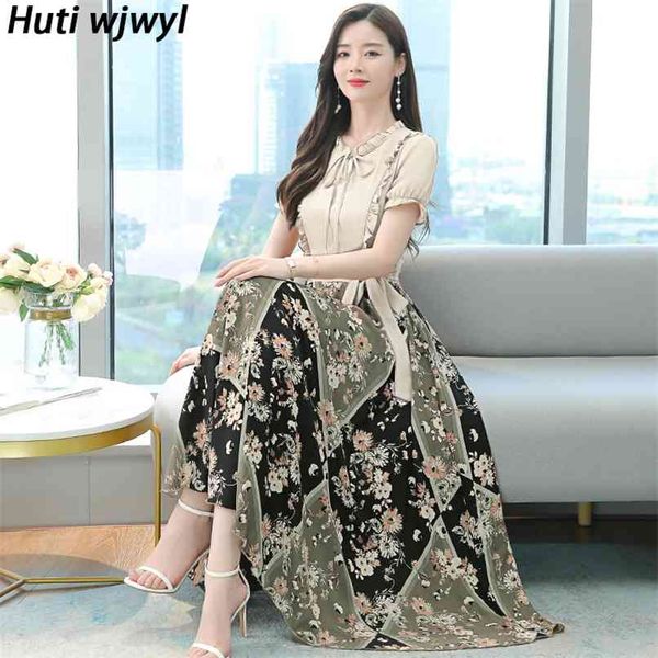 

plus size summer patchwork chiffon maxi sundress women office lady dress casual vintage party short sleeve bodycon vestidos 210528, Black;gray