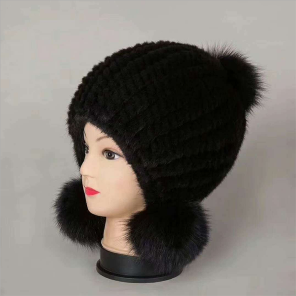 

berets woven hat mink lining hand-woven pom natural real fur fashion warm winter knitting, Blue;gray