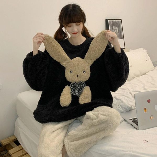 

women's sleepwear pajama woman winter velvet pajamas with pants pyjama pour femme 2 piece set kawaii clothes loungewear pijamas bt, Black;red