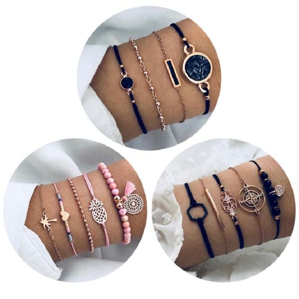 

link, chain beaded bracelets for women gift- adjustable charm pendent stack, Black