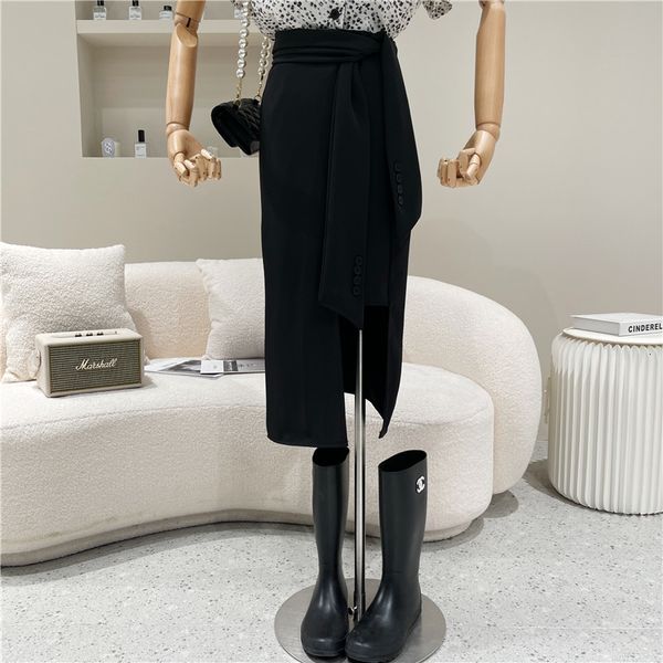 

female spring summer niche blue fashion bandage for thin, design split mid-length skirt, Black