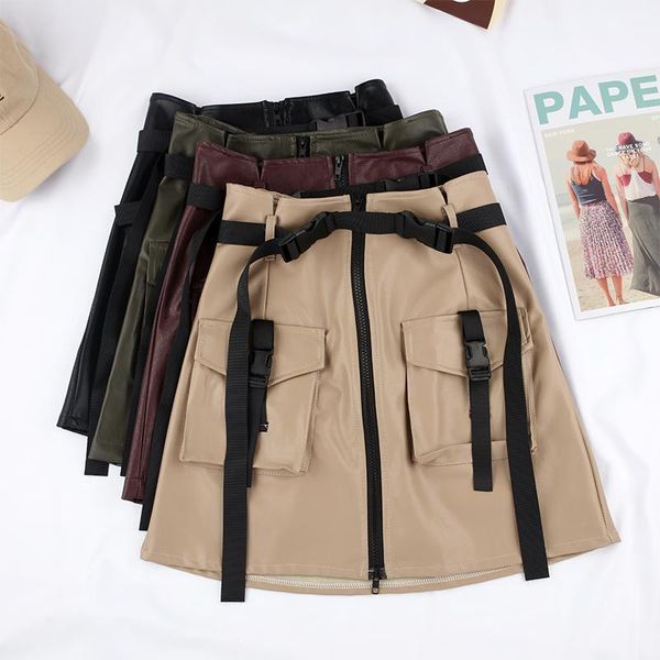 

skirts 2021 autumn winter slim slimming zipper pocket tooling leather skirt pu female womens, Black