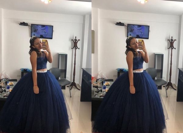 

moder navy blue two piece quinceanera dresses ball gown lace puffy skirt tulle zipper vestido de sweet 15 prom eveening dress, Blue;red