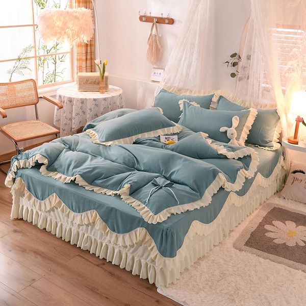

bedding sets korean princess style thicken sanding solid color set double home cover sheet duvet skirt bed textile pillowcase
