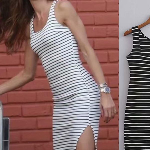 

casual summer stripe print women dress o neck split sleeveless tank mini vestido robe, Black;gray