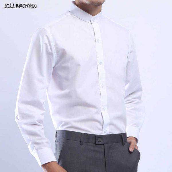

men mandarin stand collar white dress shirt long sleeve chinese style single breasted 210708, White;black