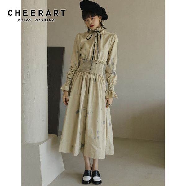 

vintage tie dye tunic long elegant winter dress women sleeve ruffled neck flare a line midi 210427, Black;gray