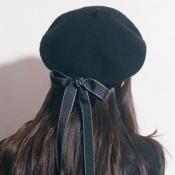 

winter bow soft with hat elegant wool warm berets women harajuku fashion bowknot beret wi outdoor hats, Black;white