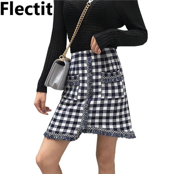 

skirts flectit fall winter 2021 fringe checkered skirt a line high waist with pocket tassel women outfit casual business look, Black