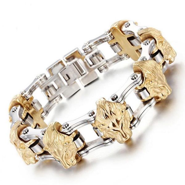 

link, chain punk gothic man bike biker bracelet jewelry solid heavy men gold 316l stainless steel bicycle lion heads bracelets 21mm, Black