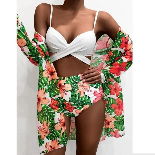 

two-piece suits floral leaf print women swimsuit set three pieces wireless padded bandage bra high waist briefs cargidan swimwear for summer