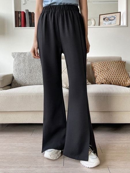 

dazy slit hem flare leg pants a49t#, Black;white