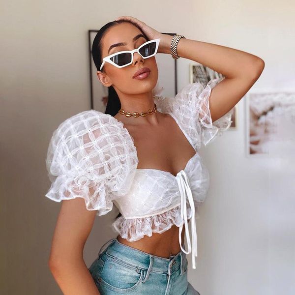 

women's blouses & shirts 2021 women stitching mesh perspective wrap-around puff sleeve navel 13561, White