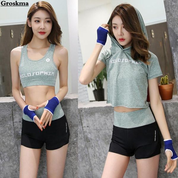 

yoga outfits women 3 pieces set hooded t shirt+bra+pants quick dry clothing womens sport running fitness gym tracksuit sportswear sets, White;red
