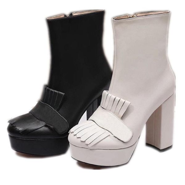 

boots fashion coarse heel autumn and winter 2021 leather high heels women side zipper tassel short warm, Black