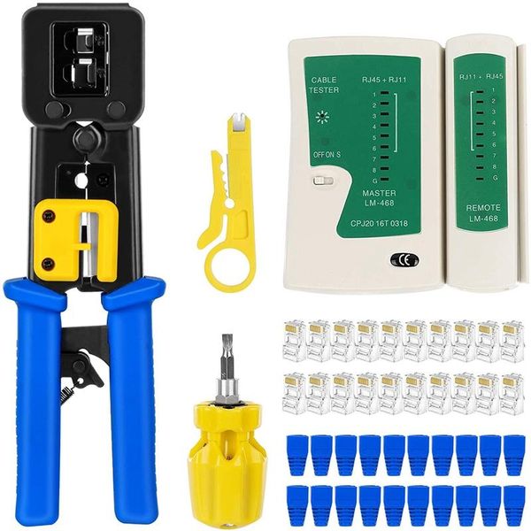 

professional hand tool sets rj45 crimp kit pass thru cat5 cat5e cat6 crimping with 20pcs through connectors and covers