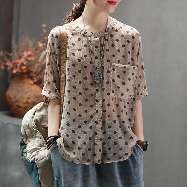 

plus size shirt women summer loose casual new 2021 korean style vintage polka dot cotton linen woman blouses shirts p788, White