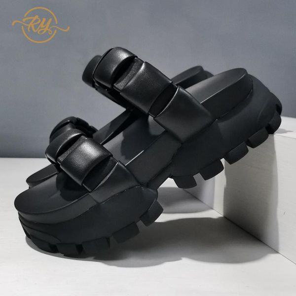 

slippers ry-relaa european women's shoes bottoms womens 2021 genuine leather summer slipper ins fashion women sandals heels tide, Black