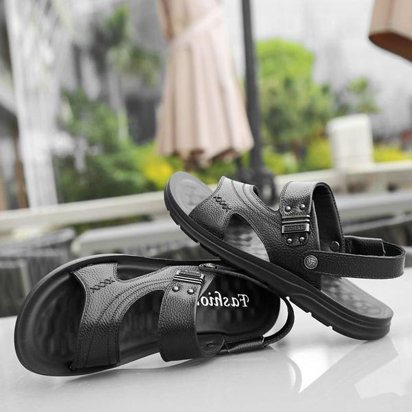 

sandals zandalias homme beach masculino cuir heren sandalle men leather sandalen shoes erkek ritable slide sandalia genuino man da 2021, Black