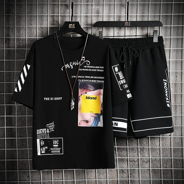 

men's tracksuits casual cool set black fashion letter print t-shirt + elastic waist loose shorts 2021 summer street 2-piece, Gray