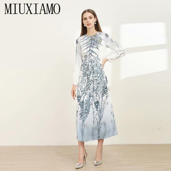 

casual dresses miuximao 2021 runway designer spring dress o-neck leaf print elegant beach long women vestidos, Black;gray