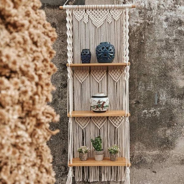 

tapestries boho macrame wall hanging shelf 3 tier handmade woven tassel wood organizer shelves floating hanger for home decor