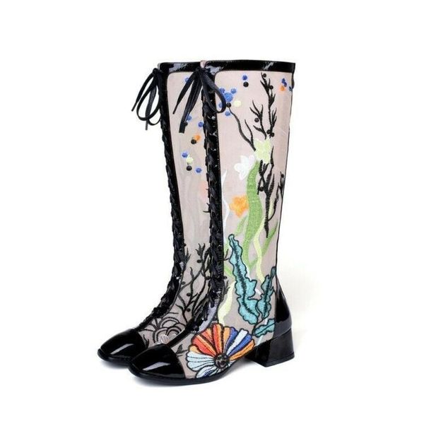 

boots women round toe lace up block heel mesh embroidery knee high shoes plus size 2021, Black