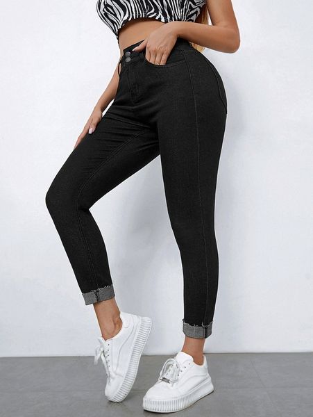 

high waisted roll hem skinny jeans b22u#, Blue