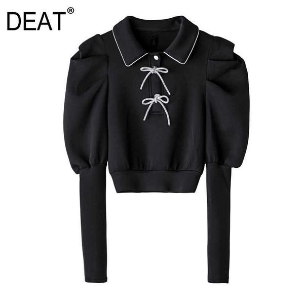 

[deat] spring fashion turn-down collar long sleeve diamonding bow solid color loose women shirt 13d029 210527, White