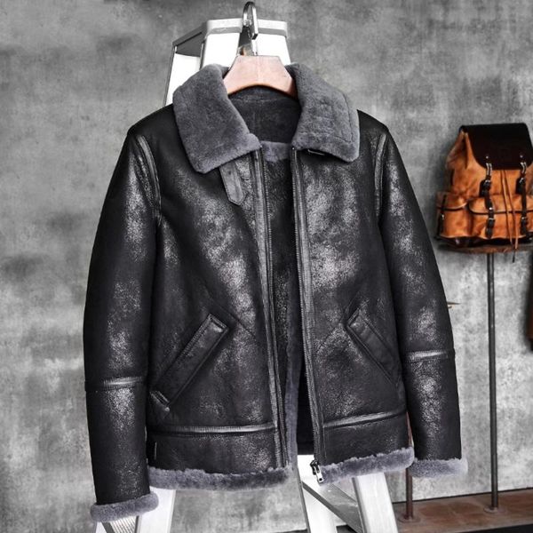 

men's leather & faux b3 jacket flying shearling skeepskin fur coat aviation leathercraft pilots winter men, Black