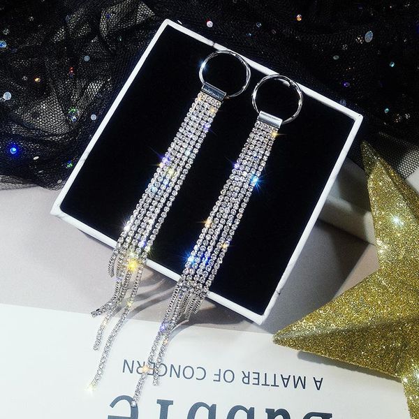 

trendy long tassel earrings for women crystal statement evening luxury drop dangle earing party jewelry gift & chandelier, Silver