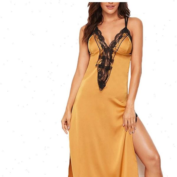 

satin floral lace night women sleepwear dress high split backless silk long nightwear lingerie camis nightgown summer, Black;red