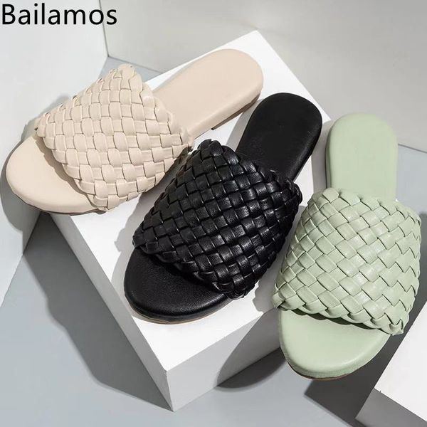 

slippers bailamos 2021 fashion women thick bottom flat heel ladies sandals pu woven casual open toe woman outdoor shoes hjtn, Black