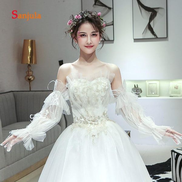 

bridal gloves puffy sleeve pearls appliques ivory wedding feathers long opera full finger tulle dodatki slubne g51, White