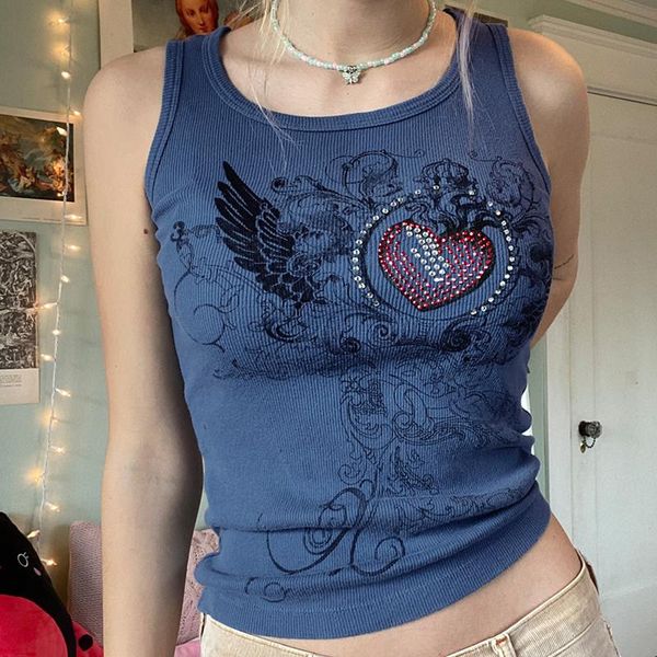 

women's tanks & camis 2000s retro diamond graphic print tank mall goth kawaii harajuku sleeveless slim fit crop women summer basic vest, White