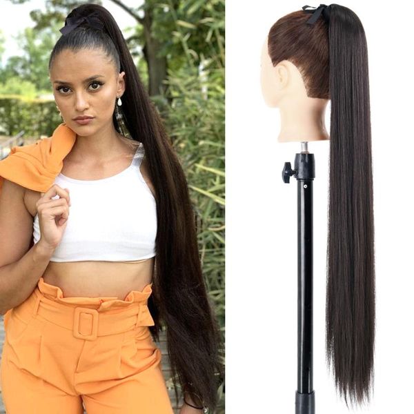 

synthetic wigs long straight wrap around clip in ponytail hair 22"34"heat resistant pony tail fake afro hairpiece, Black