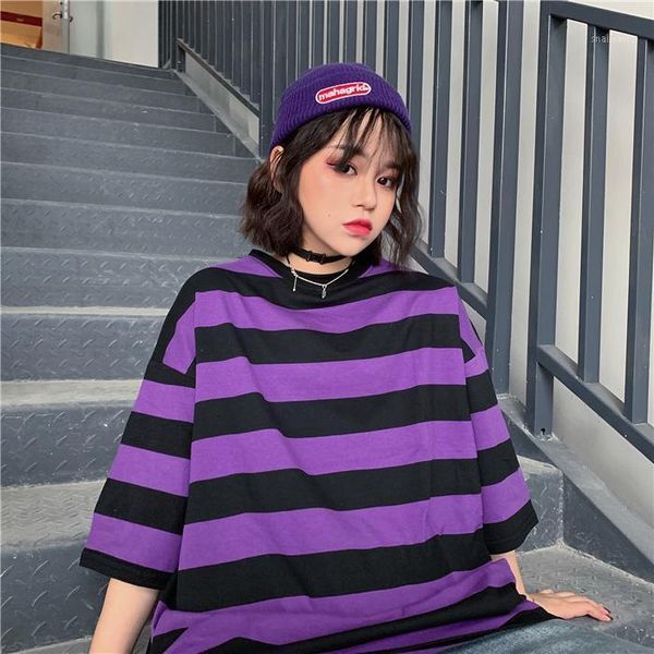 

women's t-shirt 2021 korean harajuku style bottoming shirt purple black striped student loose short sleeve female tide t top, White