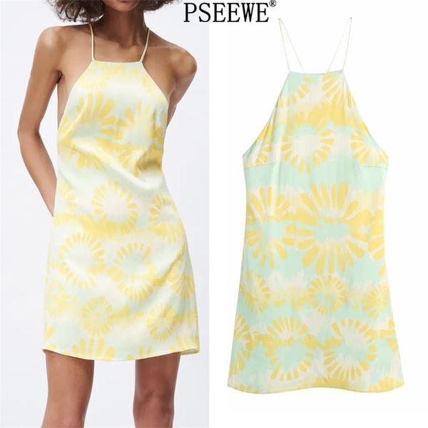 Vestido de Verão Amarelo Impressão Halter Curto es das Mulheres Sexy Cross Backless Strap Mini Mulher Praia Sundresses 210519