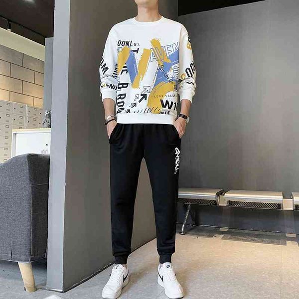 

leisure new personalized korean fashion round neck sweater pants men's graffiti print two-piece suit, Gray