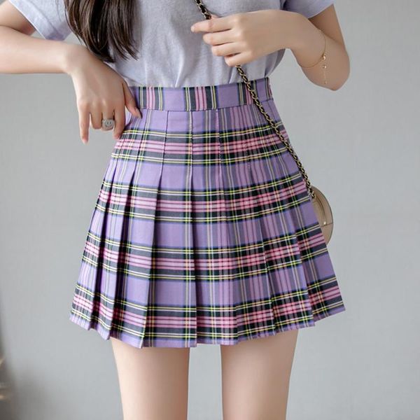 

summer women plaid skirt high waist stitching student pleated skirts cute sweet girls dance mini, Black