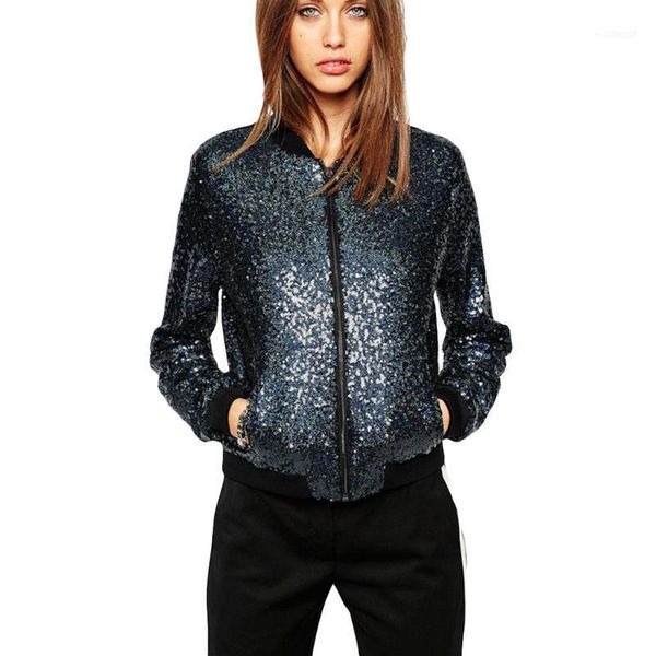 

women's jackets women sequin coat bomber jacket long sleeve zipper streetwear casual loose glitter windbreaker 2021 blue1, Black;brown