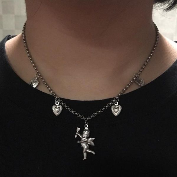 

pendant necklaces chic harajuku kawaii choker stainless steel flower cupid angel beads bow heart necklace women men girl gothic streetwear j, Silver
