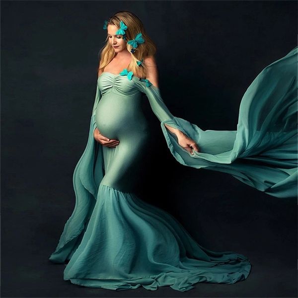 

shoulderless maternity pography props long dress for pregnant women fancy pregnancy elegence maxi gown po shoot 210721, White