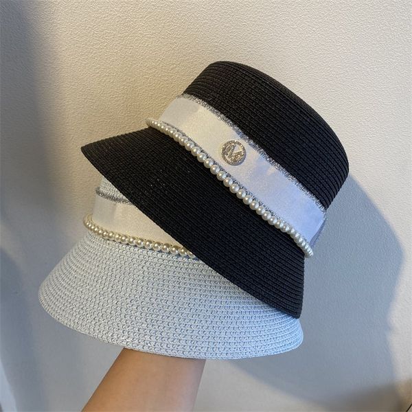 

summer new straw hat girl pearl cute little fresh bucket hat multi color girl sunscreen sunshade hats sun hats zy, Blue;gray