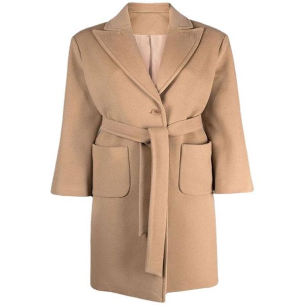 

women's wool & blends 2022 autumn winter coat women casual pockets mid-length no deduction sashes slim woolen jacket female overcoat g1, Black