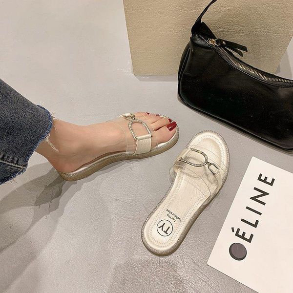 

flat slippers women crystal transparent pvc shoes summer sweet outdoor open toe slides, Black