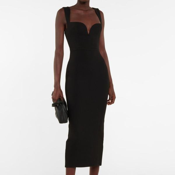 

casual dresses solid nude women summer sleeveless backless v neck black midi bodycon bandage dress 2021 elegant evening party, Black;gray