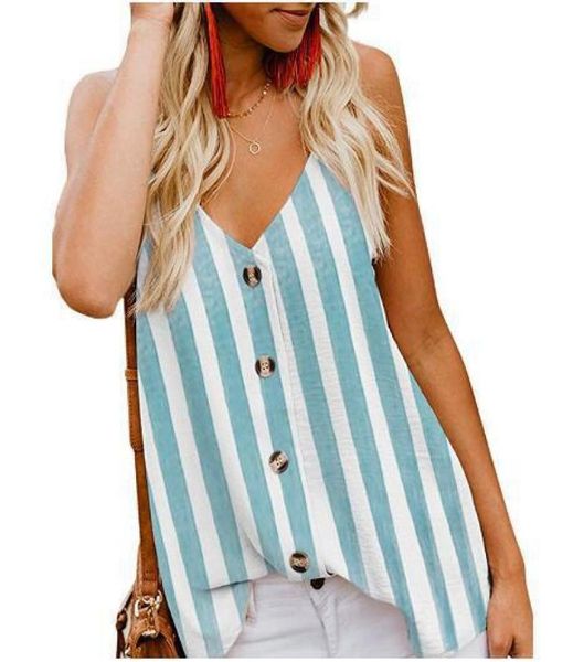 

2021 european and american women's striped v-neck button sleeveless shirt vest, White