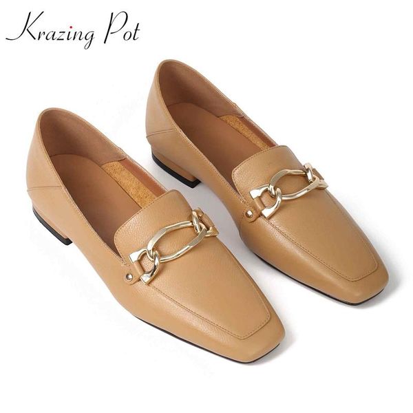 

dress shoes krazing pot 2021 genuine leather metal fasteners square toe low heels women pumps slip on concise office lady spring l18, Black